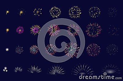 Firework animation mega set elements in flat graphic design. Bundle objects of different salute explosion in sequence action, glow Vector Illustration
