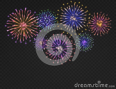 Firework background. Isolated carnival salute on transparent backdrop. Festive xmas, new year and 4th july fireworks Vector Illustration