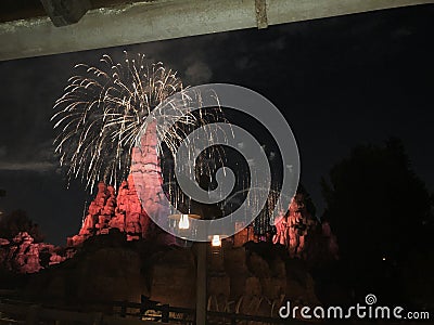 Disneyland Fireworks Celebration Over Thunder Mountain Ride Editorial Stock Photo