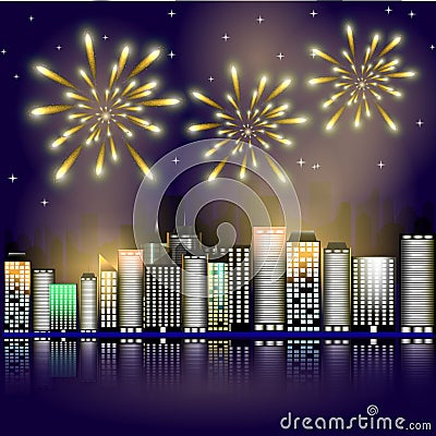 Firework in the city.Firework in the night sky in the town. Stars in the night sky lighting with firework. Cartoon Illustration