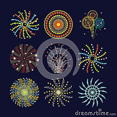 Firework different shapes colorful festive and bright carnival or birthday design for brochures poster, wrapping paper Vector Illustration