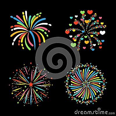 Firework different shapes colorful festive vector. Vector Illustration