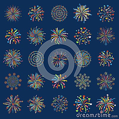 Firework different shapes colorful festive vector. Vector Illustration