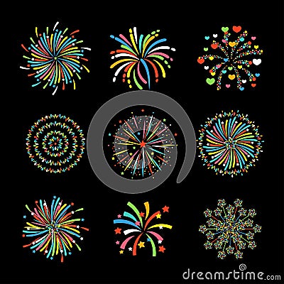 Firework different shapes colorful festive vector. Vector Illustration