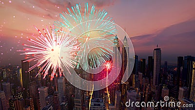 Firework Explode Festivities on Urban Skyline Background. Stock Photo