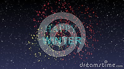 Firework Happy winter sparkling year lettering with fireworks sparks particles background. Merry Christmas and Happy New Year Stock Photo