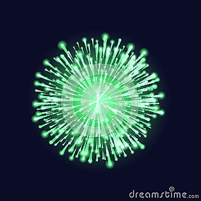 Firework isolated. Beautiful green firework on dark sky background. Bright decoration Christmas card, Happy New Year celebration Vector Illustration