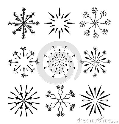 Firework line icon set isolated on white. Different black explosion, firecracker. Jpeg burst pattern Stock Photo