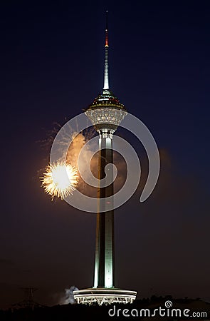 Firework at Milad tower in Tehran Stock Photo