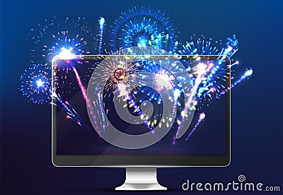 Firework online. Light on screen, realistic monitor with festive new year salut. Broadcasting of city festival vector Vector Illustration