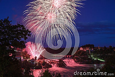 Firework over the Rhinefall on the Swiss National Da Stock Photo