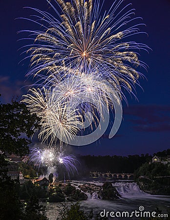 Firework over the Rhinefall on the Swiss National Day Stock Photo