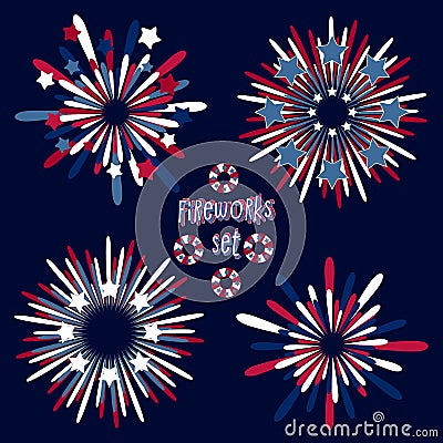 Firework set for national USA holidays such as Independence, Memorial, Labor, Veterans day and other traditional celebrations. Red Vector Illustration