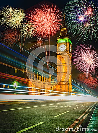 Firework show over Big Ben at night, London Stock Photo