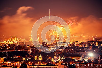 Fireworks above the city. Stock Photo