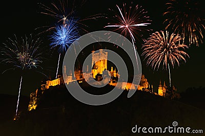 Fireworks above cochem castle Stock Photo