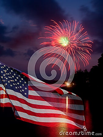 Fireworks and American Flag Stock Photo