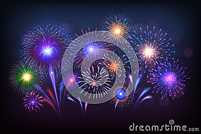 Fireworks background. Party celebration light with golden sparkles and colorful shining, Vector poster with salute on Vector Illustration