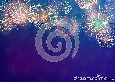 Fireworks background on twilight blue backdrop Vector Illustration