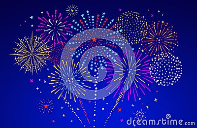 Colourful Fireworks Display on Blue background. Full Vector Illustration Vector Illustration