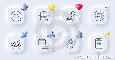 Fireworks, Bicycle and Calendar line icons. For web app, printing. Vector Vector Illustration