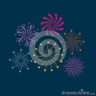 Fireworks bursting in glowing multi colours on dark blue background Vector Illustration