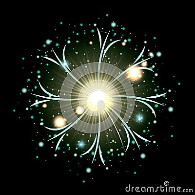Fireworks bursting in glowing white and light green flashes on black background Vector Illustration