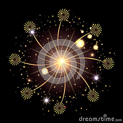 Fireworks bursting in glowing yellow and starry flashes around on black background Vector Illustration