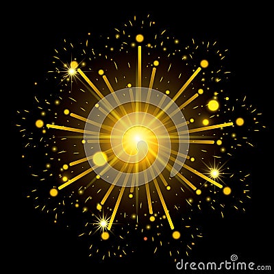 Fireworks bursting in shape of star with yellow flashes on black background Vector Illustration