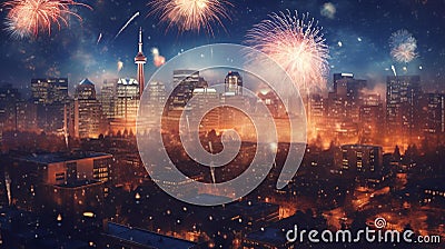 fireworks in Canada city fireworks illuminating the night sky Canadian flags , AI-Generated Stock Photo