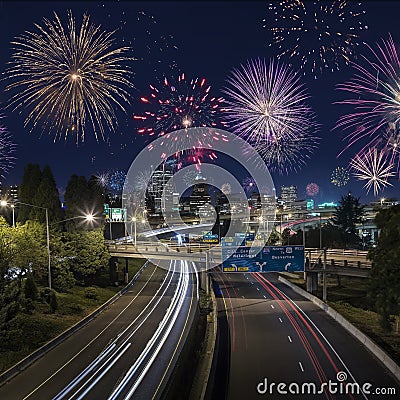 Fireworks exposure of night traffic in Portland celebrating new years eve Stock Photo