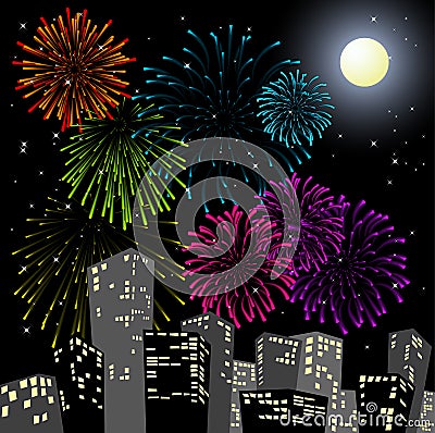 Fireworks in the centre of the city Vector Illustration