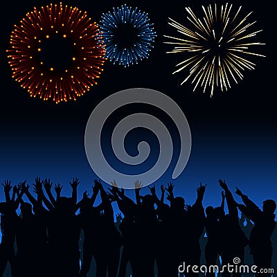 Fireworks and Crowd Vector Illustration