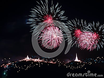 Fireworks displaying over the mountain.Colourful firework fest Stock Photo