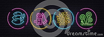 Fireworks explosion, Puzzle and Pillow minimal line icons. For web application, printing. Neon laser 3d lights. Vector Stock Photo