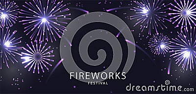 Fireworks Festival. Firecracker beautiful purple burst on the night sky. Vector. Vector Illustration