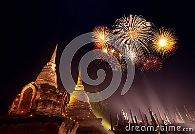 Fireworks festival at Sukhothai History Par Stock Photo