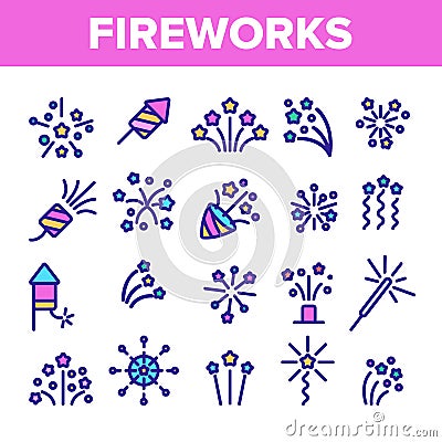 Fireworks, Firecrackers Thin Line Icons Vector Set Vector Illustration