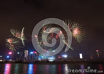 Fireworks in Hong Kong New Year celebration 2017 at Victoria Harbor Stock Photo