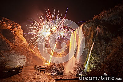 Fireworks nad waterfall Krcic Stock Photo