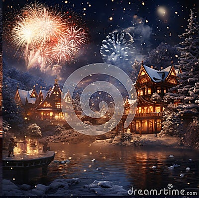 fireworks in the night sky against the backdrop of a winter landscape Stock Photo