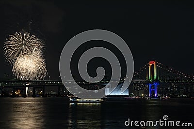 Fireworks at Odaiba Rainbow Bridge Editorial Stock Photo