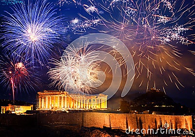 fireworks over Athens Acropolis New Year destination Stock Photo