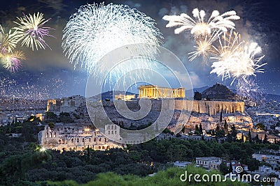 fireworks over Athens, Acropolis and the Parthenon, Attica, Greece - New Year destination Stock Photo