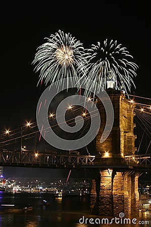 Fireworks over the bridge Stock Photo
