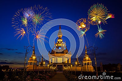 Fireworks over Buddhist Pagoda in twilight Stock Photo