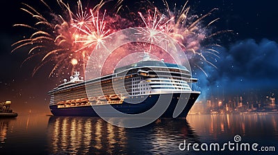 The fireworks over the cruise ship reflected off the water, creating a dazzling display Stock Photo