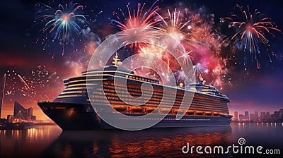 The fireworks over the cruise ship reflected off the water, creating a dazzling display Stock Photo