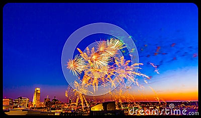 Fireworks over downtown Omaha Nebraska at night Stock Photo