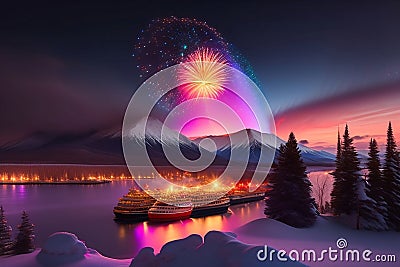 fireworks over the lake on day of canada over with snowy mountain with rainbow independence day 1th july Stock Photo